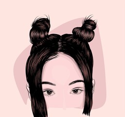 Abstract illustration of the girl with fashion hairstyle in pastel tones. Asian beautiful eyes with natural eyebrows and eyelashes.