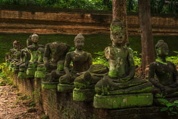Ancient buddha figures Wat Umong Suan Puthatham is a Buddhist temple in the historic centre and is a Buddhist temple is a major tourist attraction with green forest nature in Chiang Mai,Thailand.