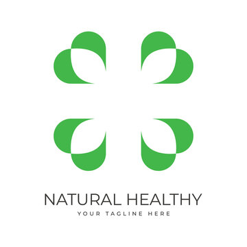 natural health logo design, with heart symbol icon, leaf shape, health plus sign symbol, with negative space technique. good for hospitals, clinics, and health brand products