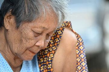 The side face of an old Asian woman is wrinkled and has gray hair.