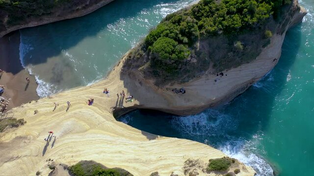 Drone 4k footage of Kanali tou Erota - Channel of Love in Sidari settlement in northern part of the island of Corfu, Greece