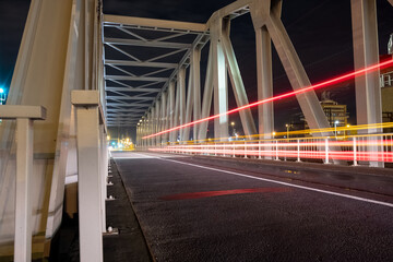 Fototapeta na wymiar Night view of illuminated bridge above of river Scheldt in Antwerp, Belgium. High quality photo