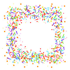 Square texture with random geometric elements on white. Geometrical background with confetti. Pattern from glitters. Festive frame. Print for banners, posters, t-shirts and textiles. Greeting cards