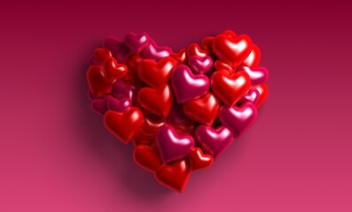 Realistic 3D Colorful Romantic Valentine Hearts in Red Background. 3d rendering