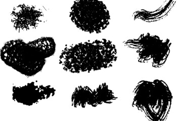 collection of black paint, ink brush strokes, brushes, lines, grungy. Dirty artistic design elements, boxes, frames. Vector illustration. Isolated on white background