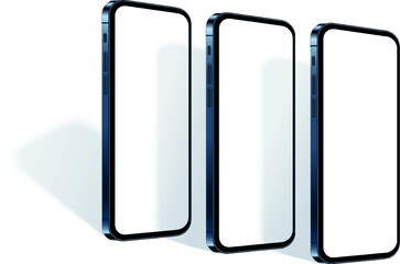 Realistic smartphones with shadows in row in perspective view. Blue mobile phone mockup set for presentation your app. Isolated diagonal cell device template with empty screen, vector 3d illustration.