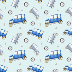 Watercolor pattern with blue retro car on a light bluy background. Design for baby boy clothes, nursery, textiles, stationery, wrapping paper.