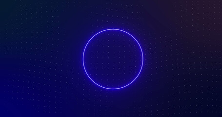 Image of rotating blue neon shapes with shooting blue and purple laser beams on dark background