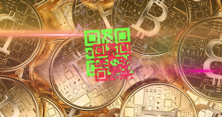 QR code scanner against golden bitcoins 