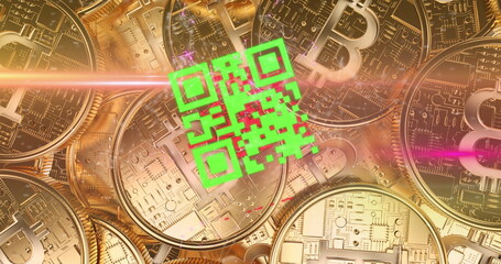 QR code scanner against golden bitcoins 