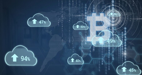 Cloud icons and bitcoins symbol over world map against blue background