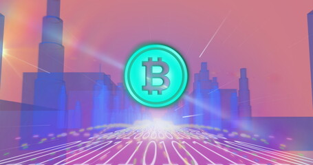 Bitcoin symbol over binary coding data processing against cityscape in background