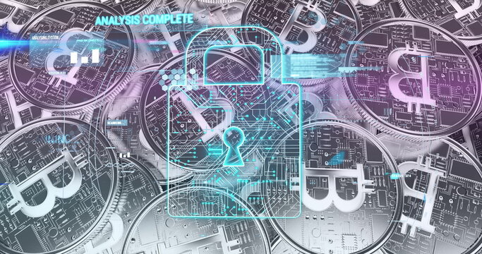 Security padlock icon and data processing against silver bitcoins