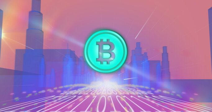 Bitcoin symbol over binary coding data processing against cityscape in background