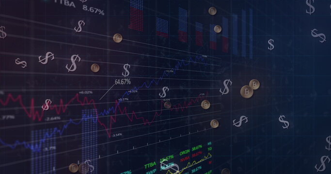 Multiple dollar and bitcoin symbols moving over financial data processing.
