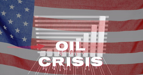 Oil Crisis text and statistical data processing American flagagainst 
