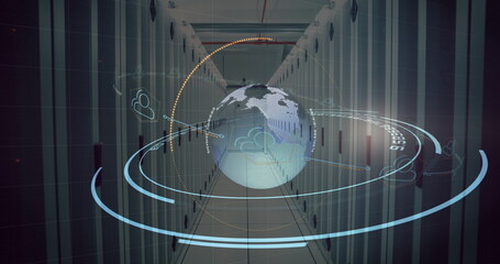 Globe with digital rings in a hallway 4k