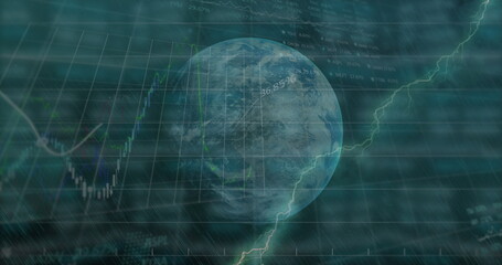 Image of financial data processing over globe spinning