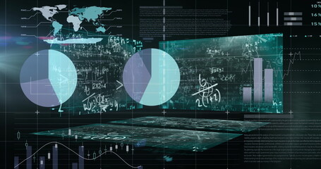 Image of statistics processing and financial data on screens over world map