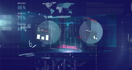 Digital image of mathematical equations floating over financial data processing on blue backgrou