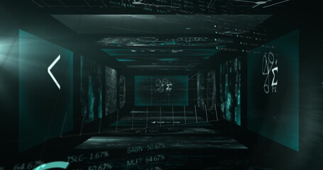 Image of statistics processing and scientific data on screens