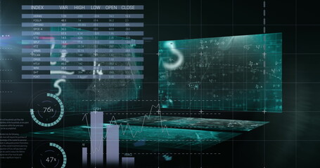 Image of statistics processing and financial data on screens over world map