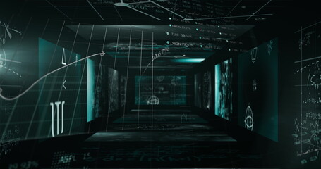 Image of statistics processing and scientific data on screens