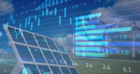 Financial data processing against solar panel and windmill in background