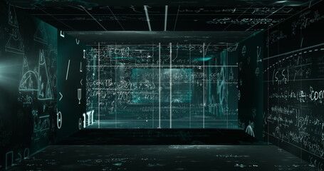 Image of statistics processing and scientific data on screens