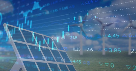 Financial data processing against solar panel and windmill in background
