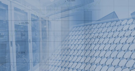 Financial data processing over solar panel against empty server room