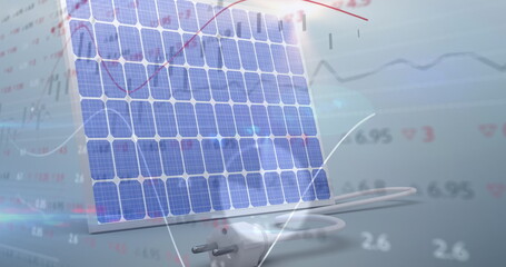 Stock market and financial data processing against solar panel in background
