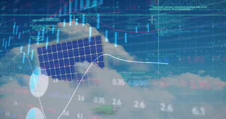 Financial data processing over solar panel against clouds in blue sky