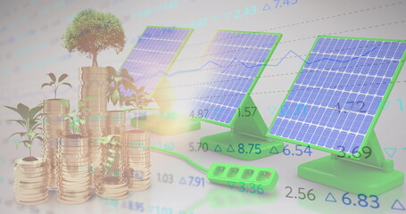 Stock market data processing over plants on stack of gold coins against solar panels