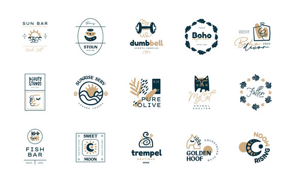 Boho logo design templates collections. Doodle Bohemian icons and symbols set. Modern tribal, ethnic logotype. Vector illustration.