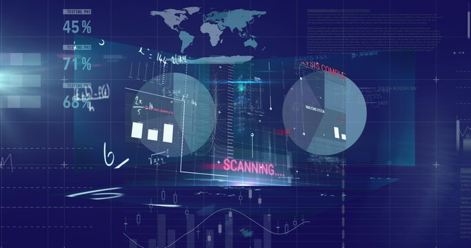 Digital image of mathematical equations floating over financial data processing on blue backgrou