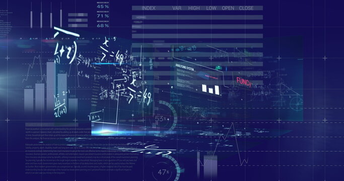 Digital image of mathematical equations floating over financial data processing on blue backgrou