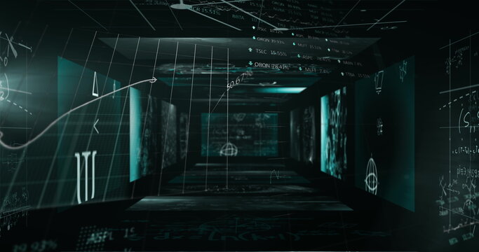 Image of statistics processing and scientific data on screens