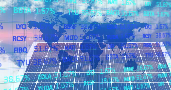 Stock market data processing over world map against solar panel in background