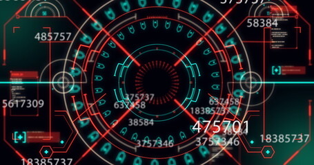 Image of numbers changing, scope scanning and financial data processing