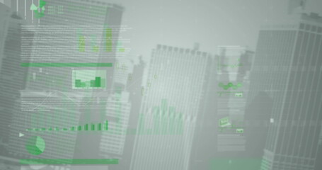 Fototapeta na wymiar Financial and stock market data processing against tall buildings in background