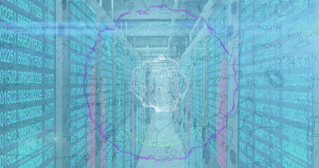 Image of network of connections spinning over computer servers and mathematical data processing
