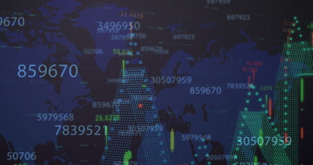 Image of numbers changing statistics recording over world map