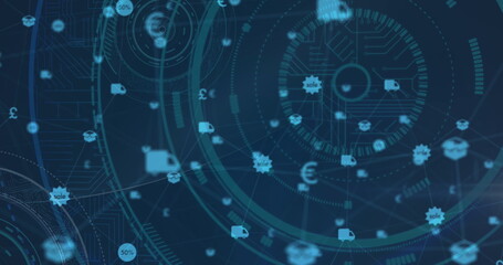 Image of network of connections with online shopping icons and scopes scanning