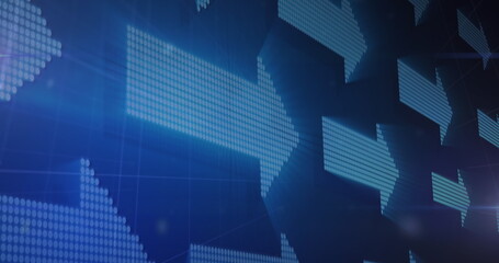 Image of financial data processing and statistics recording over arrows