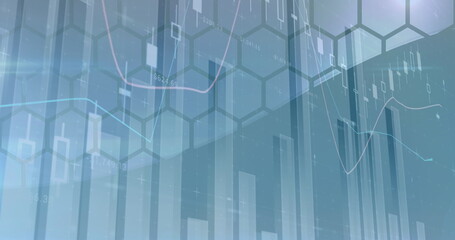 Image of financial data processing over hexagons
