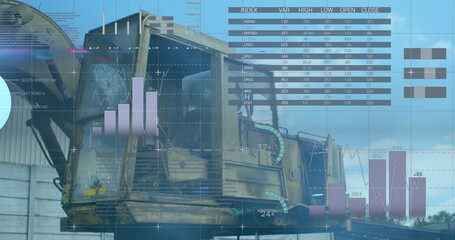 Financial data processing against crane in urban industrial site