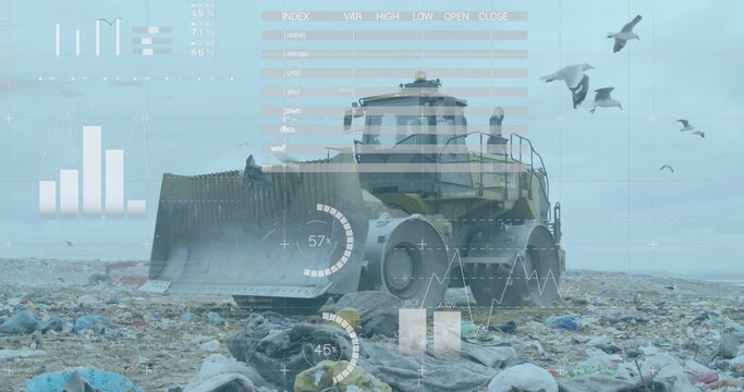Financial data processing against bulldozer working on landfill with birds in the sky - Powered by Adobe