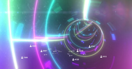 Profile icons with increasing numbers and data processing against glowing tunnel