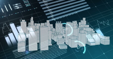 Obraz premium Graphs and virtual buildings in a city